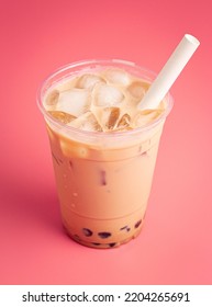 Caramel Boba Tea On A Bright Pink Background