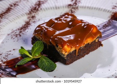 Caramel Brownie Cake Served Caramel