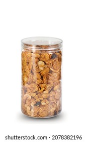 Caramel cornflakes in plastic jar package isolated on white.