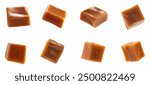 Caramel cubes set isolated on white background. Flying caramel cubes collection isolated on white background. Melting caramel candies chocolate. Set of caramel cubes.