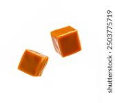 Caramel cubes set isolated on white background. Flying caramel cubes collection isolated on white background. Melting caramel candies chocolate.