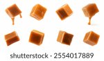 Caramel cubes set isolated on white background. Flying caramel cubes collection isolated on white background. Melting caramel candies chocolate. Melting caramel cubes set isolated on white background
