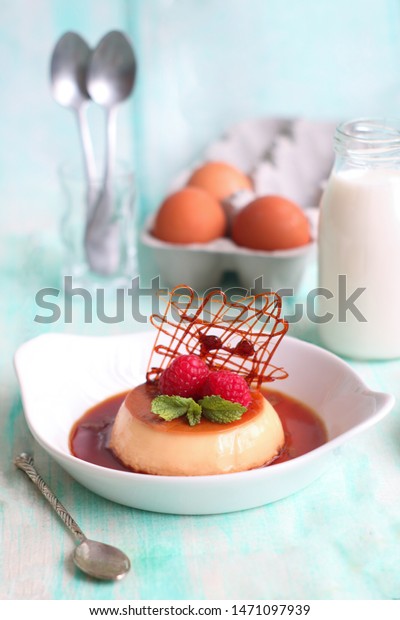 Caramel Custard Plate Spun Sugar Decoration Food And Drink Stock