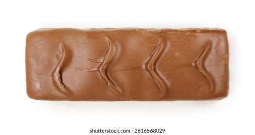 Caramel filled chocolate bar top view, isolated on white background. Cocoa milk chocolate bar top view. isolated. 