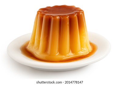 Caramel Flan With Syrup On White Ceramic Plate Isolated On White.