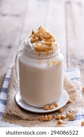 Caramel Frappuccino With Syrup In Mason Jar