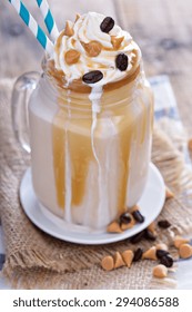 Caramel Frappuccino With Syrup In Mason Jar