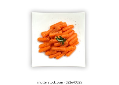 Caramel Glazed Baby Carrots In A Dish On White Background, Isolated, From Above