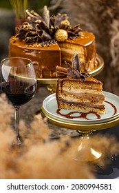 Caramel Glazed Chocolate Cake With Fancy Chocolate Decoration