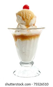 Caramel Ice Cream Sundae With Cherry On Top