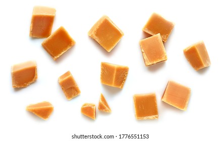 Caramel Pieces Isolated On White Background, Top View