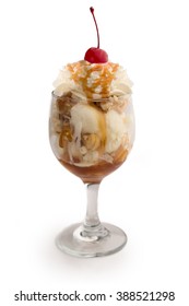 Caramel Sundae With Caramelized Popcorn And Cherry On Top