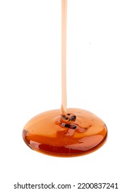 Caramel Syrup Drizzle Isolated On White Background. Splashes Of Sweet Caramel Sauce