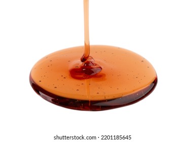 Caramel Syrup Drizzle Isolated On White Background. Splashes Of Sweet Caramel Sauce