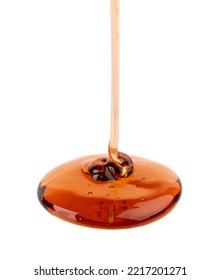 Caramel Syrup Drizzle Isolated On White Background. Splashes Of Sweet Caramel Sauce.