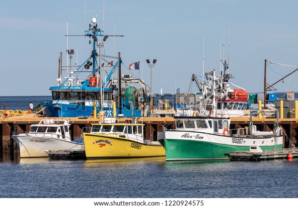 Caraquet, New\
Brunswick, September 16, 2018 --  Horizontal of three colorful\
fishing boats docked in the harbor and other boats in the\
background, in Caraquet, New\
Brunswick
