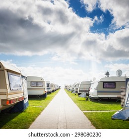 Caravan Camping On The Beach. Family Vacation. North Sea Coast, Germany
