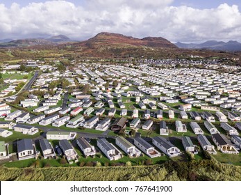 Caravan and camping, static home aerial view. Porthmadog holiday park taken from the air by a drone.