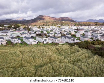 Caravan and camping, static home aerial view. Porthmadog holiday park taken from the air by a drone
