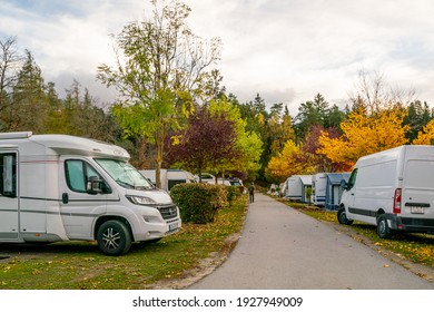 Caravan campsites in the autumn mountains of the Alps. Alps, Austria - 01 november 2019