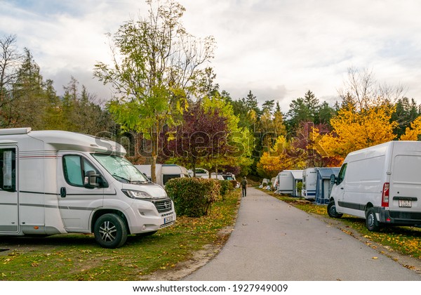 Caravan campsites in the autumn mountains\
of the Alps. Alps, Austria - 01 november\
2019