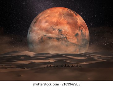 Caravan in the desert with a view of the planet Mars