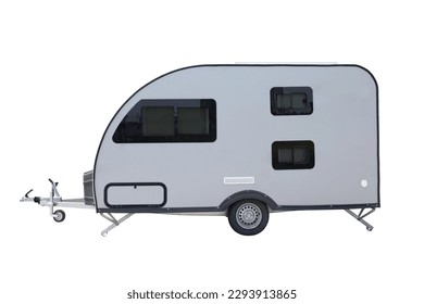 Caravan isolated over white background with clipping path. Full Depth of field. Focus stacking, side view.