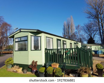 Caravan park camping,Mobile house building of plastic materials gypsum and wood, the house is static in the middle of beautiful nature.  Bedale Yorkshire England, 02.28.2021.