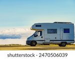 Caravan rv above clouds. Motor home camping car in mountain nature in Portugal. Adventure with camper vehicle.