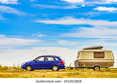 Caravan trailer camping on seashore. Capicorb, Valencia region Spain. Vacation with mobile home.