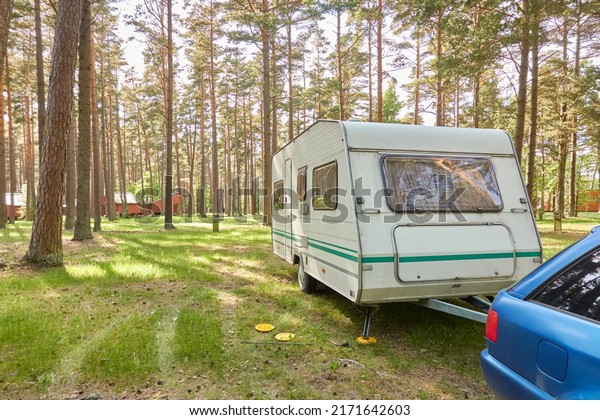 Caravan trailer with a car parked on a green lawn\
in the evergreen pine forest. Travel destinations, leisure\
activity, eco tourism, camping site, transportation, RV. Freedom,\
wanderlust concept