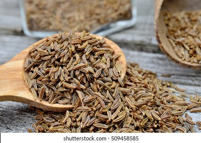 Caraway Seed On Wooden Table