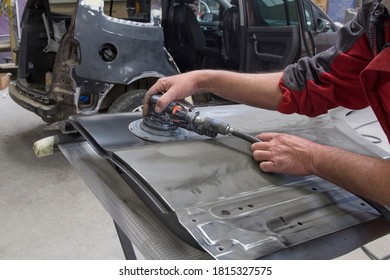 Carbody, Gesture And Movement Of Job, Handiwork. Man Working With Industrial Tools For Auto Body Shop.