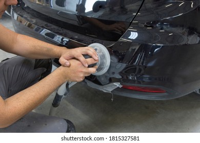 Carbody, Gesture And Movement Of Job, Handiwork. Man Working With Industrial Tools For Auto Body Shop.