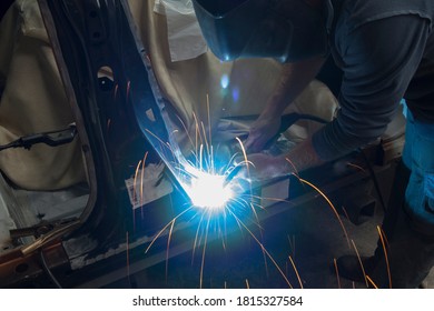 Carbody, Gesture And Movement Of Job, Handiwork. Man Working With Industrial Tools For Auto Body Shop.