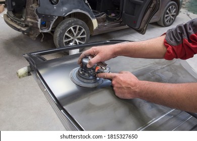 Carbody, Gesture And Movement Of Job, Handiwork. Man Working With Industrial Tools For Auto Body Shop.