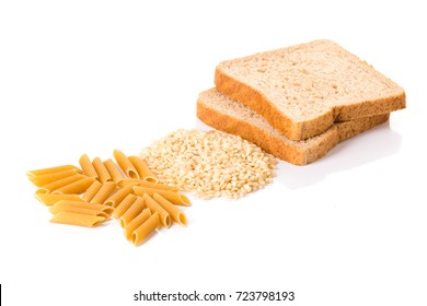 Carbohydrate Pasta, Rice And Wholemeal Bread On White Background