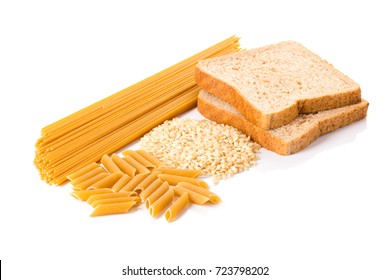 Carbohydrate Pasta, Rice And Wholemeal Bread On White Background