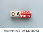 Carbon capture symbol. Turned wooden cubes and changed the concept word Carbon to Capture. Beautiful grey background  Business ecological concept. flat lay, Copy space