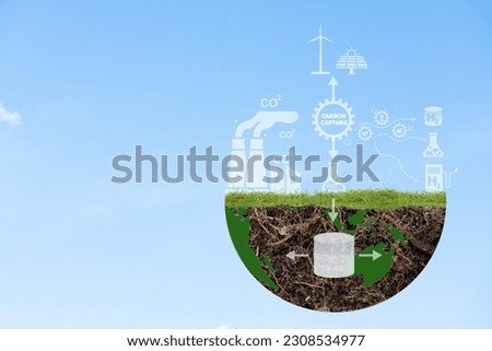 Carbon Capture, Utilization and Storage (CCUS) concept. Technology of CO2 capturing and store it underground or use it in other industrial production processes. Net zero target, limit global warming.