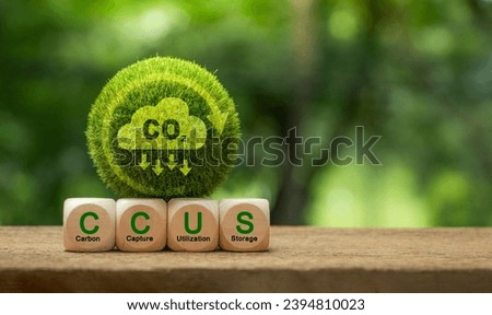 Carbon Capture, Utilization and Storage (CCUS) concept. Words CCUS on a wood block and Green earth with world map. Technology of CO2 capturing and store. Net zero target, limit global warming.