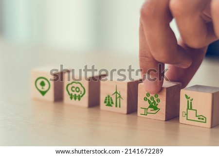 Carbon credit concept. Tradable certificate to drive industry and company in the direction of low emissions in efficiency cost.  Wooden cubes with CO2, US dollars and carbon offsetting solution icons.