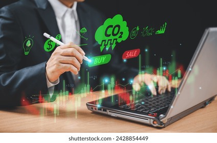 Carbon credit green business concept. Bank finance money investment for sustainable. Green leaf footprint icon. Bond stock market exchange, tax fund trade. Lower CO2 emissions, net zero technology - Powered by Shutterstock