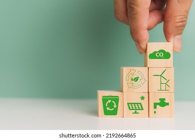 Carbon Credit Net Zero Green Technology Eco Industry Strategy Target Business Concept For Environmental Development. Wood Cube Block Icon On Background.