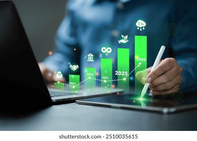 Carbon emission reduction target, low carbon economy concept. Green business responsibility sustainable environment development for net zero. Co2, Carbon footprint Emission report graph.