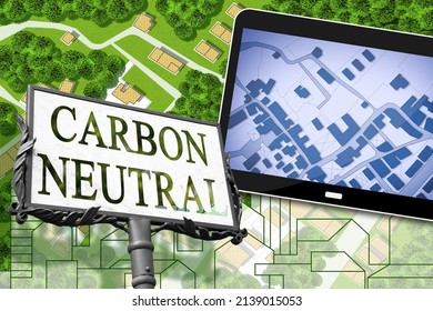 Carbon Footprint In The Construction Industry - Carbon Neutral Concept With An Imaginary Cityscape And City Map