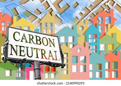 Carbon Footprint In The Construction Industry - Carbon Neutral Concept With An Imaginary Cityscape And City Map