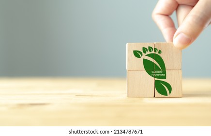 Carbon Footprint ,eco friendly, zero emission concept. Carbon ecological footprint symbols with green leaves on wooden cubes. Sustainable development. Environmental and climate change concept. CSR ESG