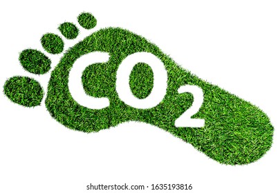 carbon footprint symbol or concept, barefoot footprint made of lush green grass with text CO2