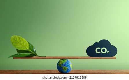 Carbon Neutral and ESG Concepts. Carbon Emission, Clean Energy. Globe Balancing between a Green leaf and CO2. Sustainable Resources, Big deal for Company and Indstry to Concern about Environmental - Shutterstock ID 2139818309